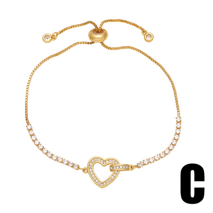 Fashion Simple Style Round Heart Shape Copper Plating Inlay Zircon 18k Gold Plated Bracelets