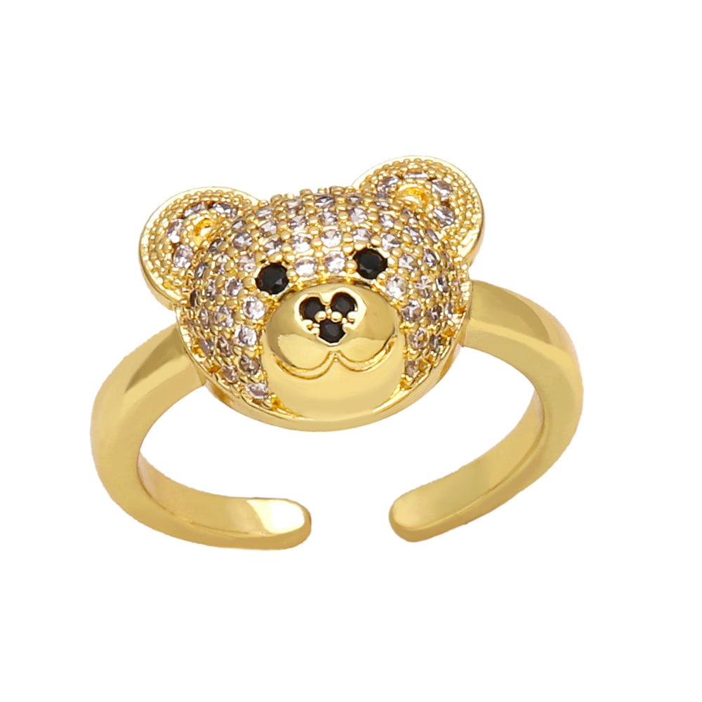 Ig Style Cute Bear Copper Plating Inlay Zircon 18k Gold Plated Open Rings