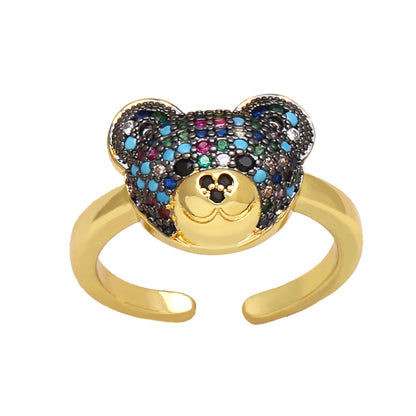 Ig Style Cute Bear Copper Plating Inlay Zircon 18k Gold Plated Open Rings