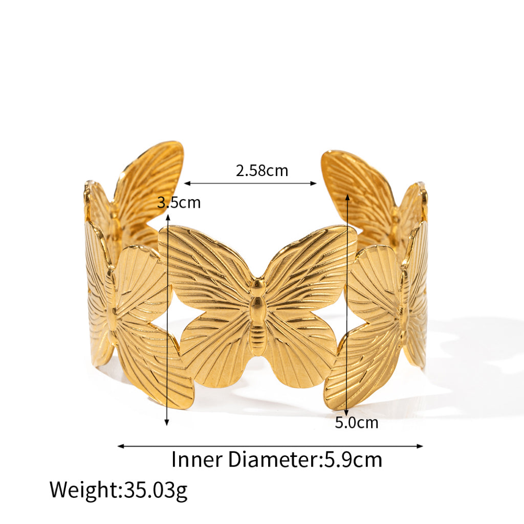 Vintage Style Leaves Flower Butterfly Stainless Steel Asymmetrical 16k Gold Plated Bangle