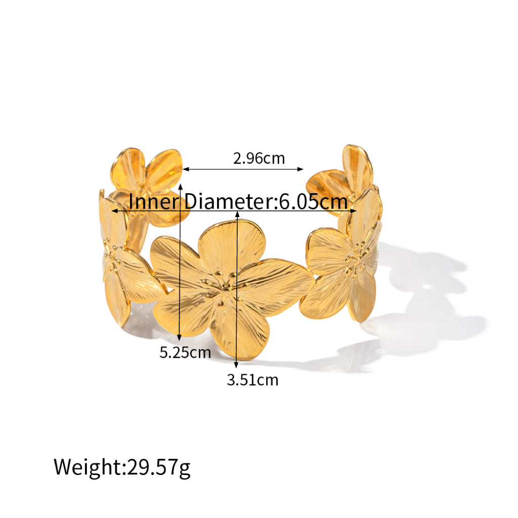 Vintage Style Leaves Flower Butterfly Stainless Steel Asymmetrical 16k Gold Plated Bangle