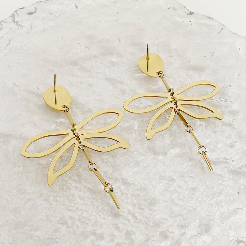 1 Pair Elegant Classical Sweet Dragonfly Plating Stainless Steel Gold Plated Drop Earrings