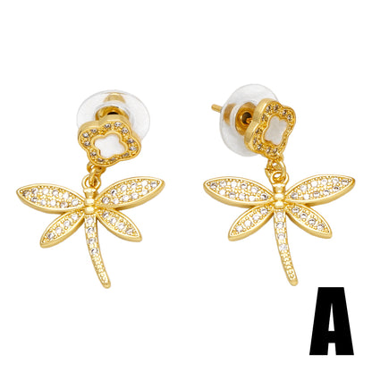 1 Pair Basic Modern Style Heart Shape Dragonfly Plating Inlay Copper Zircon 18k Gold Plated Drop Earrings