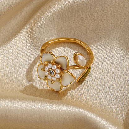 Elegant Lady Flower Copper Painted Plating Inlay Artificial Pearls Artificial Diamond 18k Gold Plated Open Rings