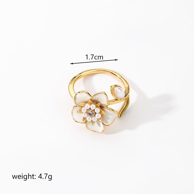 Elegant Lady Flower Copper Painted Plating Inlay Artificial Pearls Artificial Diamond 18k Gold Plated Open Rings