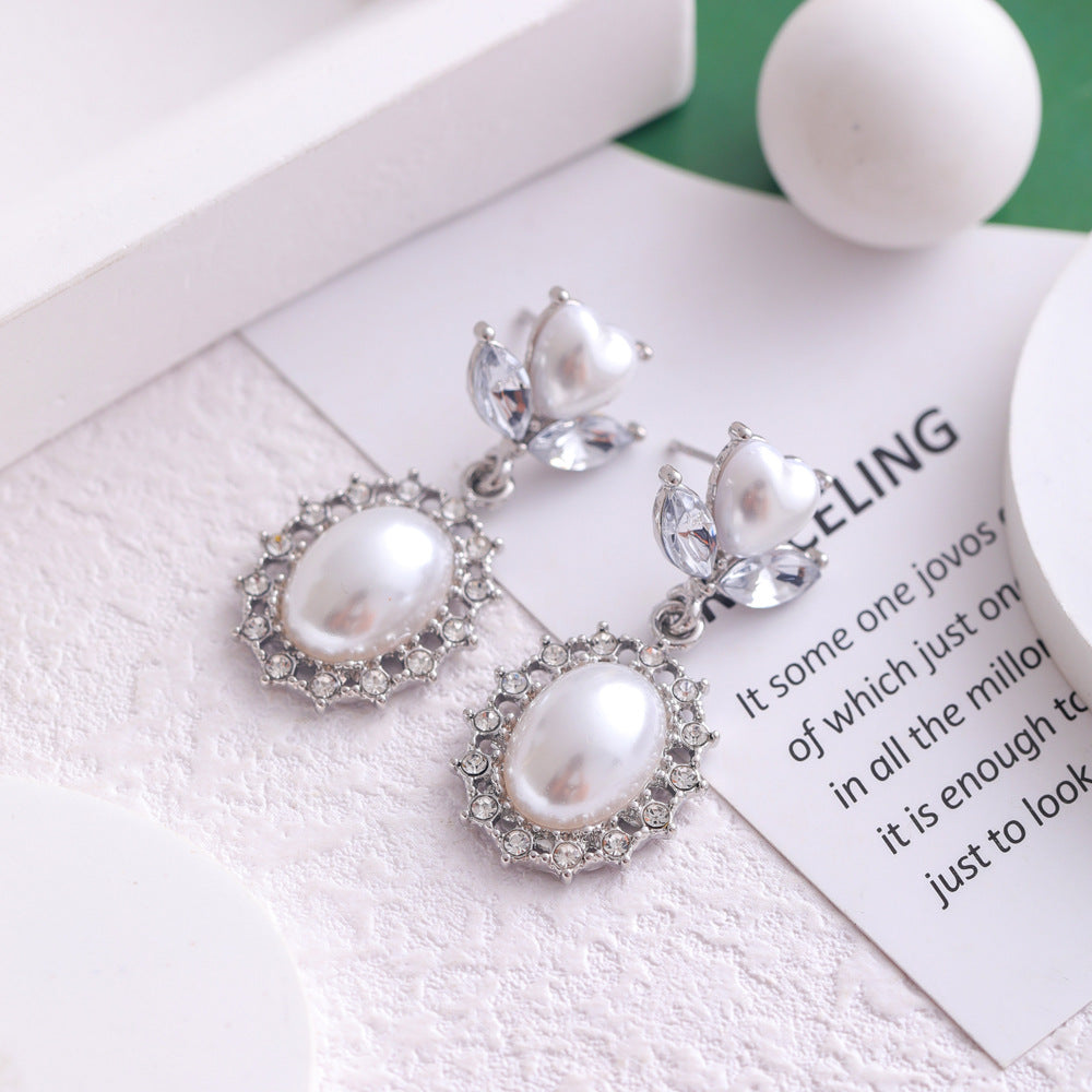 Wholesale Jewelry Sweet Heart Shape Flower Bow Knot Mixed Materials Rhinestones Pearl Plating Inlay Drop Earrings