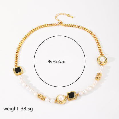 Ig Style Elegant Round Square Copper Beaded Plating Freshwater Pearl Zircon 18k Gold Plated Necklace