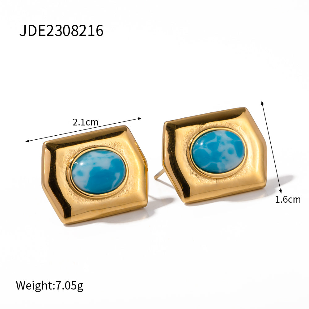 1 Pair Ig Style Simple Style Geometric Plating Inlay Stainless Steel Sea-pattern Stone 18k Gold Plated Ear Studs