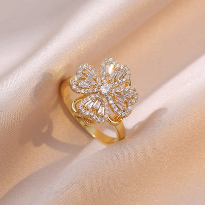 Simple Style Flower Alloy Plating Rhinestone Open Ring