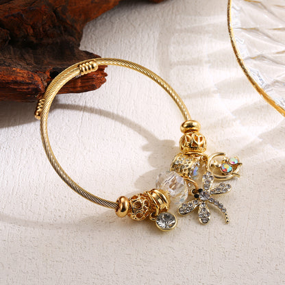 Elegant Cute Heart Shape Dragonfly Butterfly Stainless Steel Alloy Beaded Inlay Rhinestones Bangle