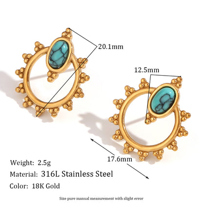 1 Pair Casual Simple Style Round Oval Plating Inlay Stainless Steel Turquoise 18k Gold Plated Drop Earrings