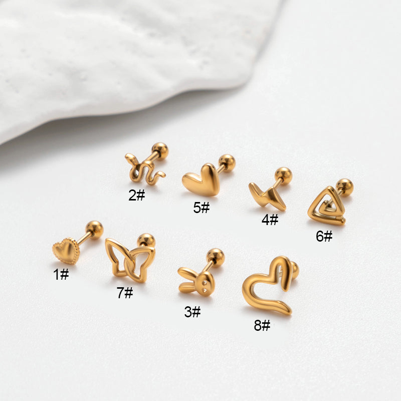 1 Piece Retro Punk Korean Style Heart Shape Butterfly Plating Stainless Steel 18k Gold Plated Ear Studs