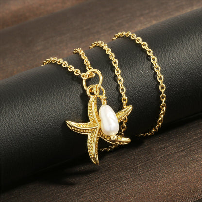 Retro Simple Style Starfish Freshwater Pearl Copper Plating 18k Gold Plated Pendant Necklace