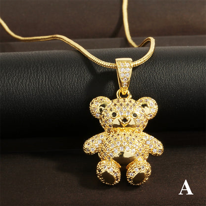 Vintage Style Bear Copper Plating Inlay Zircon 18k Gold Plated Pendant Necklace