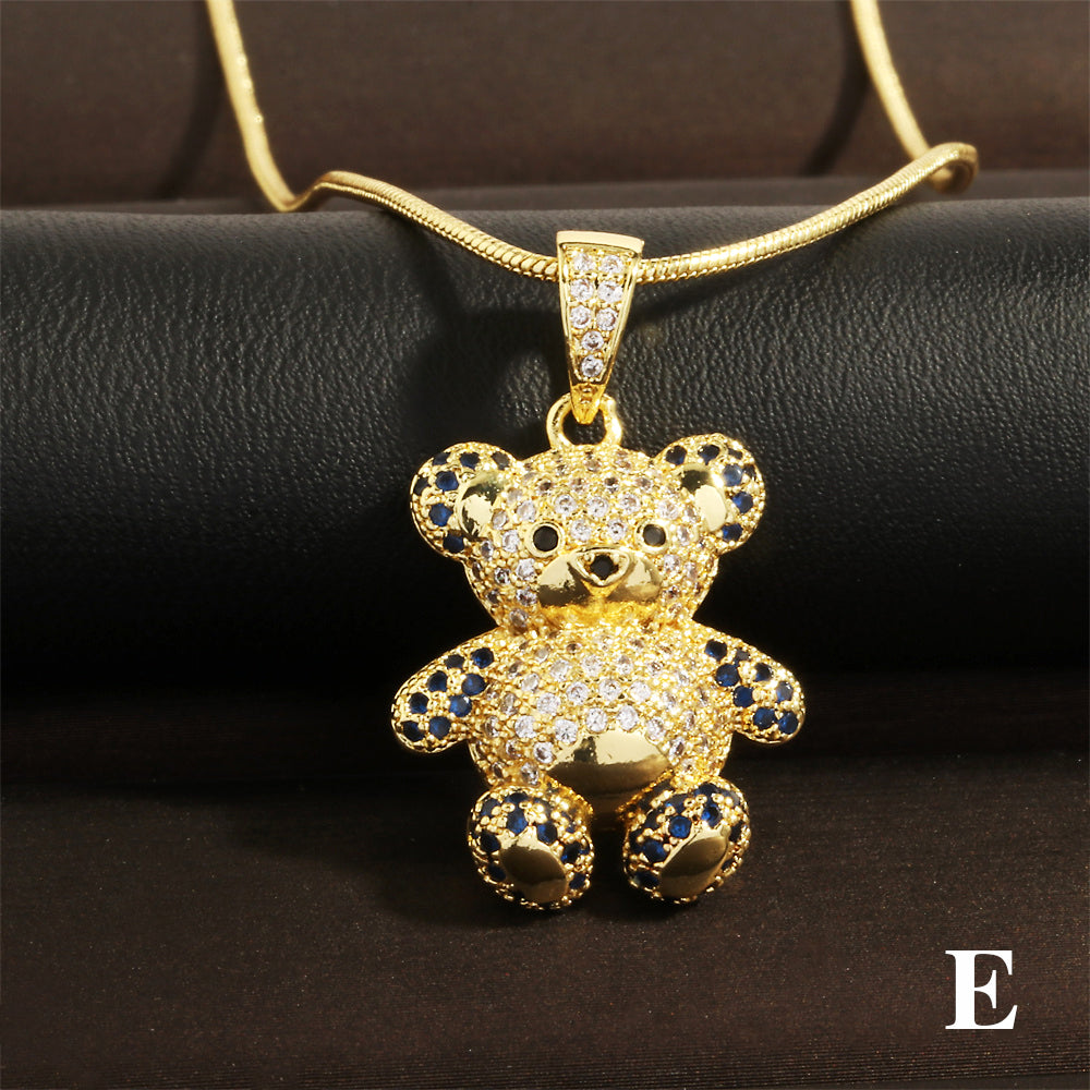 Vintage Style Bear Copper Plating Inlay Zircon 18k Gold Plated Pendant Necklace