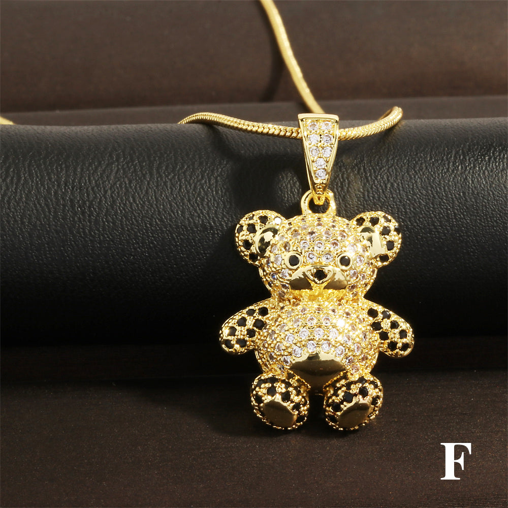 Vintage Style Bear Copper Plating Inlay Zircon 18k Gold Plated Pendant Necklace