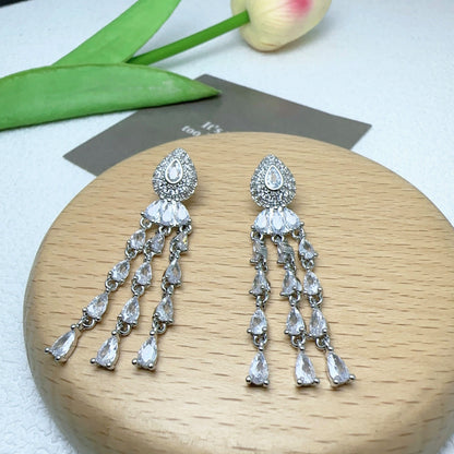 1 Pair Ig Style Shiny Water Droplets Tassel Inlay Copper Zircon Drop Earrings