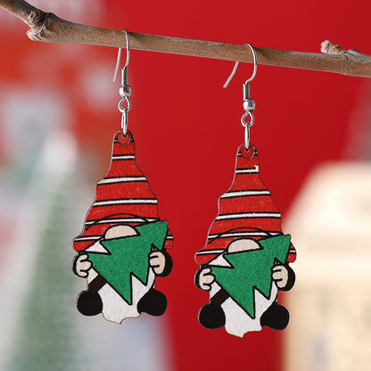 1 Pair Vintage Christmas Cute Dwarf Pendant Earrings Women's Wooden Double-sided Christmas Earrings