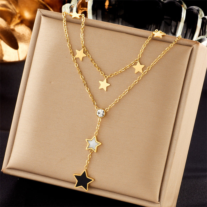 Ig Style Basic Star Moon Bow Knot Titanium Steel Enamel Plating Rhinestones Pendant Necklace