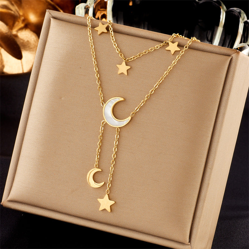 Ig Style Basic Star Moon Bow Knot Titanium Steel Enamel Plating Rhinestones Pendant Necklace