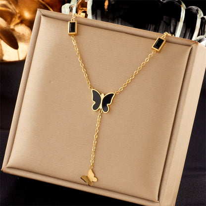 Ig Style Basic Star Moon Bow Knot Titanium Steel Enamel Plating Rhinestones Pendant Necklace