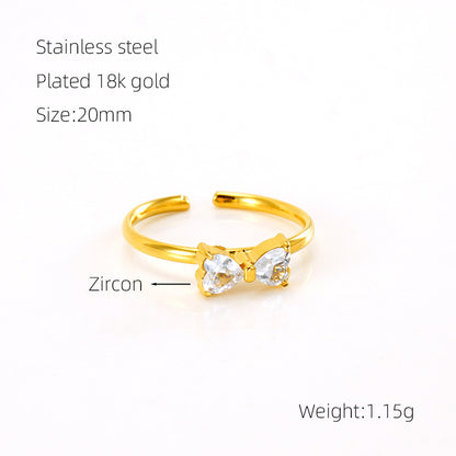 Retro Sweet Bow Knot Stainless Steel Plating Inlay Zircon 18k Gold Plated Open Rings