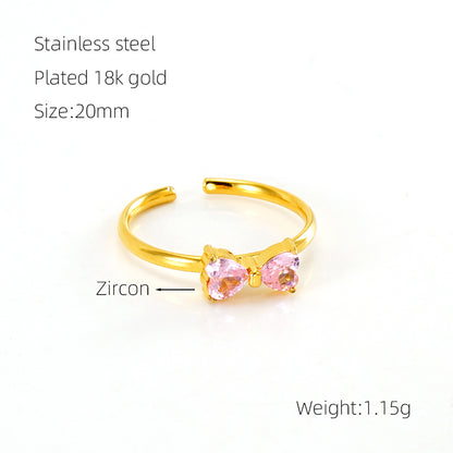 Retro Sweet Bow Knot Stainless Steel Plating Inlay Zircon 18k Gold Plated Open Rings