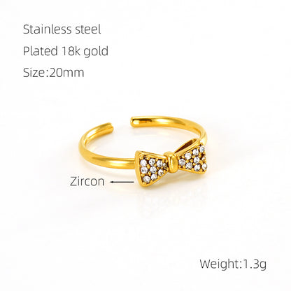 Retro Sweet Bow Knot Stainless Steel Plating Inlay Zircon 18k Gold Plated Open Rings