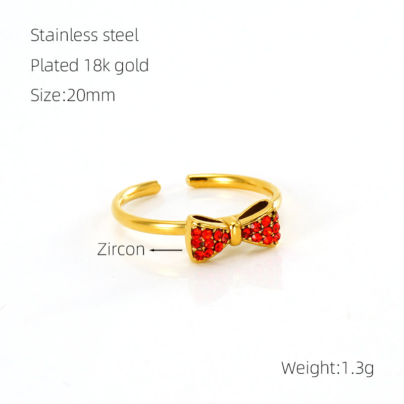 Retro Sweet Bow Knot Stainless Steel Plating Inlay Zircon 18k Gold Plated Open Rings