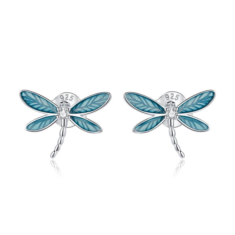 1 Pair Vacation Dragonfly Inlay Sterling Silver Zircon Ear Studs