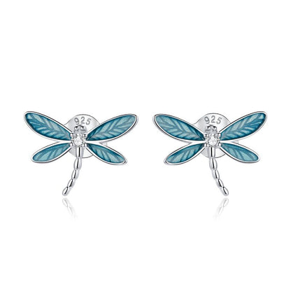 1 Pair Vacation Dragonfly Inlay Sterling Silver Zircon Ear Studs