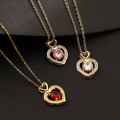 Europe And America Cross Border Love Pendant Necklace Micro-inlaid Color Zircon Clavicle Chain Geometric Girl Pendant Heart-shaped Necklace