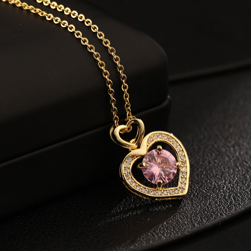 Europe And America Cross Border Love Pendant Necklace Micro-inlaid Color Zircon Clavicle Chain Geometric Girl Pendant Heart-shaped Necklace