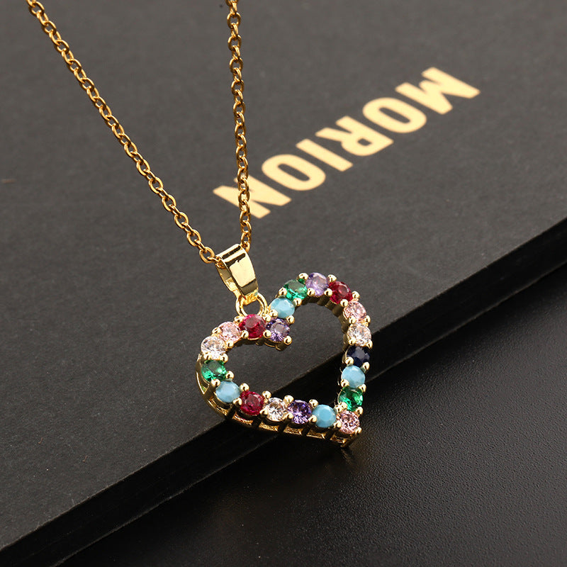 Europe And America Cross Border Love Pendant Necklace Micro-inlaid Color Zircon Clavicle Chain Geometric Girl Pendant Heart-shaped Necklace