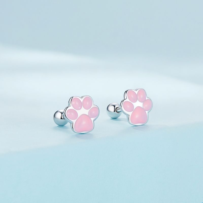 1 Pair Cartoon Style Cute Paw Print Sterling Silver Ear Studs