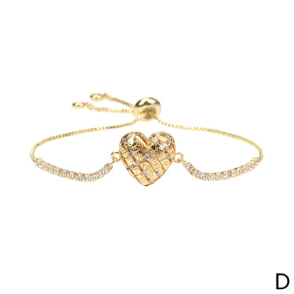 Casual Simple Style Letter Heart Shape Copper Enamel Plating Inlay Zircon 18k Gold Plated Bracelets