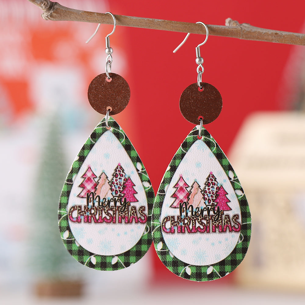 Wholesale Jewelry Christmas Christmas Tree Letter Pu Leather Printing Drop Earrings