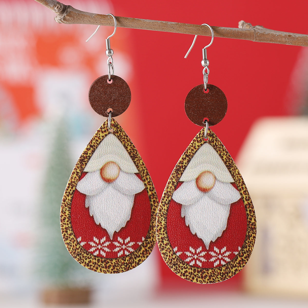 Wholesale Jewelry Cute Santa Claus Water Droplets Pu Leather Printing Drop Earrings