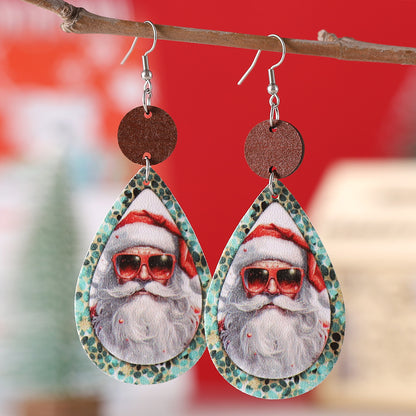 Wholesale Jewelry Cute Santa Claus Water Droplets Pu Leather Printing Drop Earrings