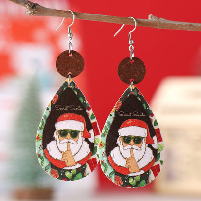 Wholesale Jewelry Cute Santa Claus Water Droplets Pu Leather Printing Drop Earrings