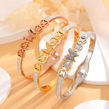 Simple Style Butterfly Titanium Steel Plating Inlay Rhinestones 18k Gold Plated Bangle