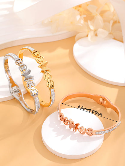 Simple Style Butterfly Titanium Steel Plating Inlay Rhinestones 18k Gold Plated Bangle