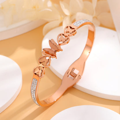 Simple Style Butterfly Titanium Steel Plating Inlay Rhinestones 18k Gold Plated Bangle