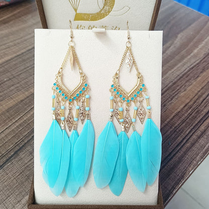 Vintage Fan-shaped Tassel Feather  Long Bohemian Beads Drop Earrings Wholesale