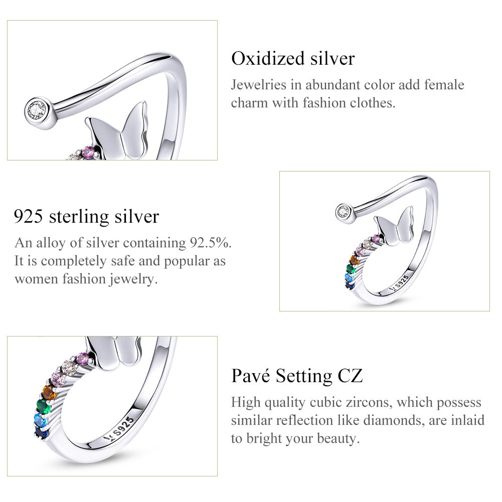 Casual Lady Butterfly Sterling Silver Zircon Open Rings In Bulk