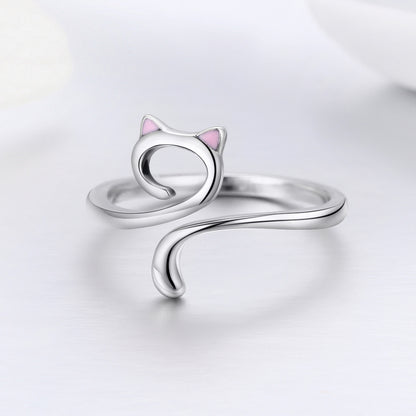 Casual Cute Cat Sterling Silver Inlay Zircon Open Rings