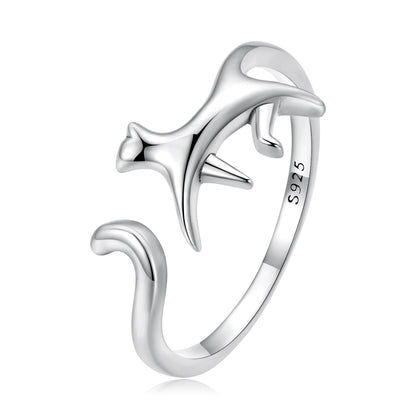 Casual Cute Cat Sterling Silver Inlay Zircon Open Rings