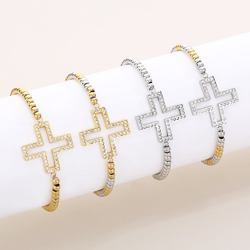 Vintage Style Cross Titanium Steel Plating Inlay Zircon 18k Gold Plated Bracelets