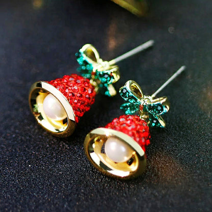 Wholesale Jewelry Cute Bow Knot Bell Alloy Rhinestones Enamel Plating Inlay Drop Earrings