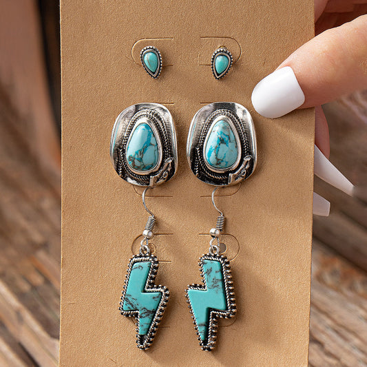 1 Set Retro Ethnic Style Lightning Inlay Alloy Turquoise Turquoise Drop Earrings